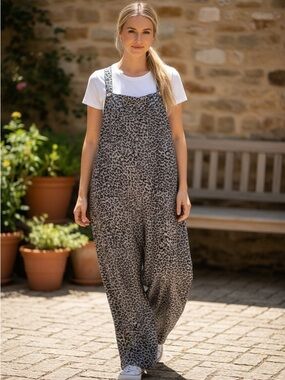 Gray Leopard Print Wide-Leg Overalls Jumper